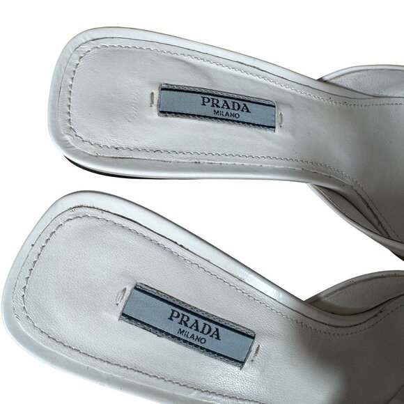 Prada White Spazzolato Triangle Logo 55M Pointed Toe Mules Heels Size 39 - Picture 3 of 13